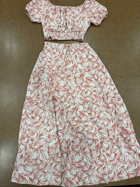 HYFVE White Two-Piece Leaf Print Crop Top and Maxi Skirt Set in Coral • Size S